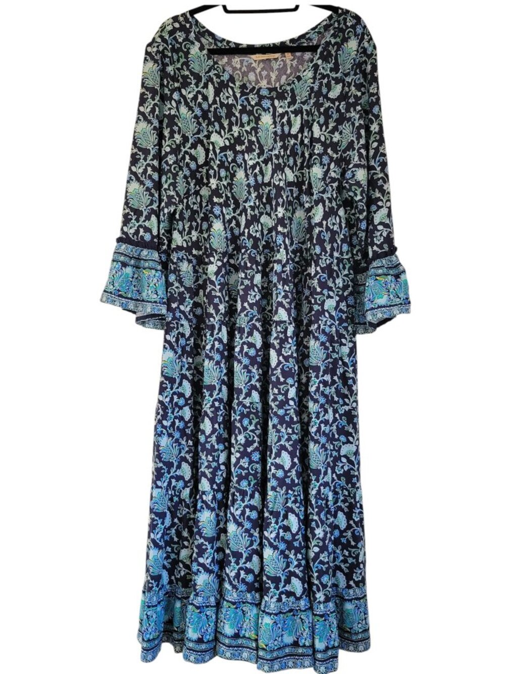 Soft Surroundings Floral Paisley Maxi Dress Bell Sleeve Border Print Navy Boho